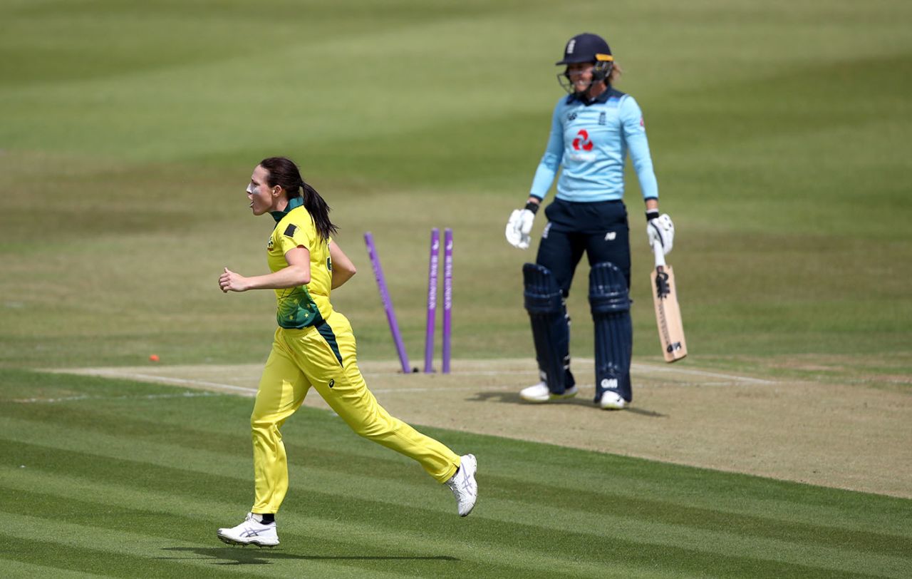 Megan Schutt (left) celebrates the wicket of Sarah Taylor, England Women v Australia Women, 1st ODI, Leicester, July 2, 2019