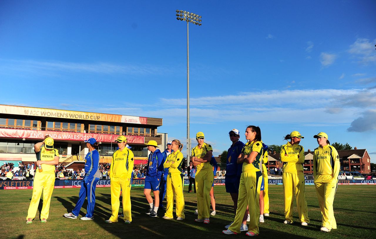 The Australian side cut dejected figures after losing, Australia v India, ICC Women's World Cup semi-final, Derby, July 20, 2017
