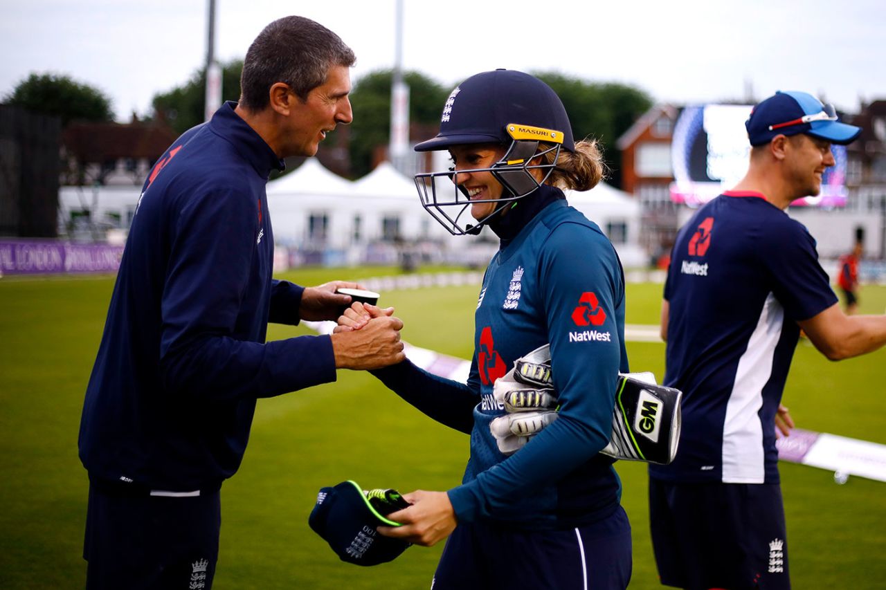 England coach Mark Robinson congratulates Sarah Taylor after the team's victory over South Africa, England v South Africa, ICC Women's Championship, Hove, June 12, 2018