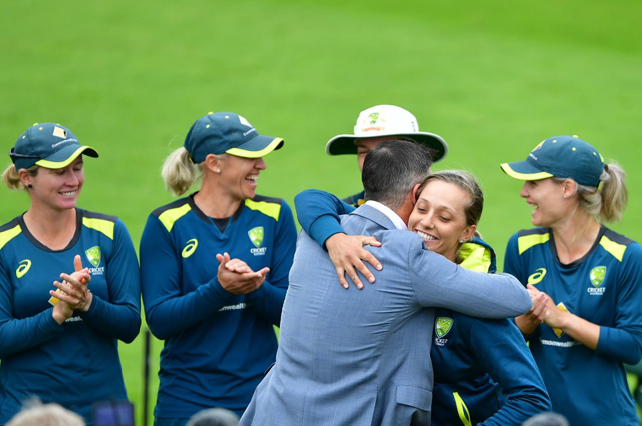 Ashleigh Gardner receives her cap from Dan Christian, England v Australia, only women's Test, Taunton, 1st day, July 18, 2019