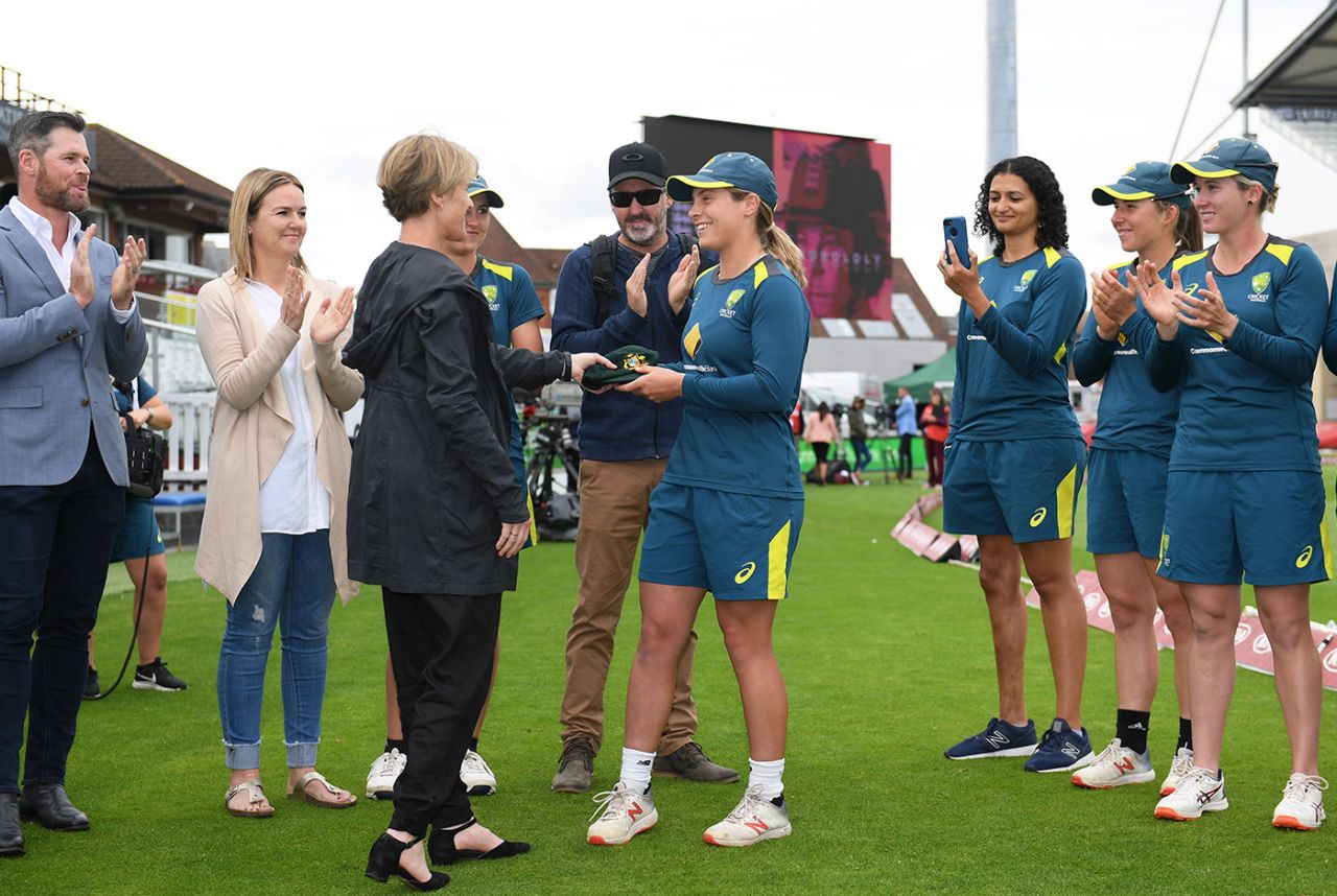 Sophie Molineux receives her cap from Belinda Clark, England v Australia, only women's Test, Taunton, 1st day, July 18, 2019