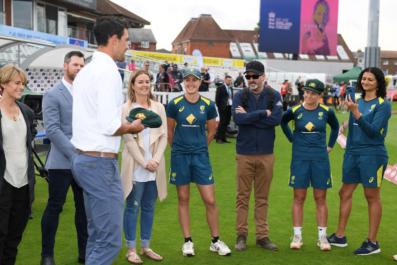 Tayla Vlaeminck gets ready to receive her baggy green from Mitchell Starc, England v Australia, only women's Test, Taunton, 1st day, July 18, 2019