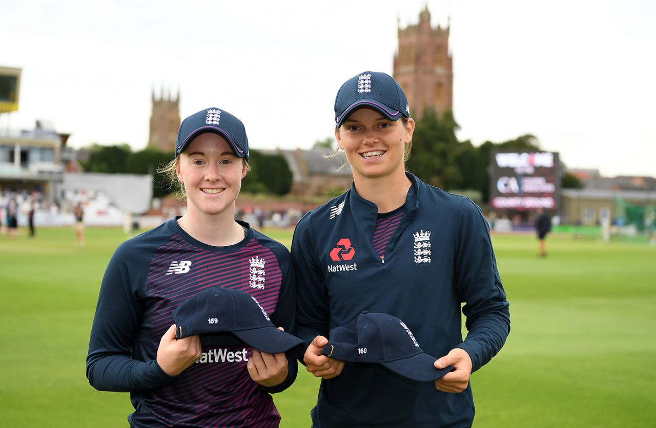 Kirstie Gordon and Amy Jones with their Test caps, England v Australia, only women's Test, Taunton, 1st day, July 18, 2019