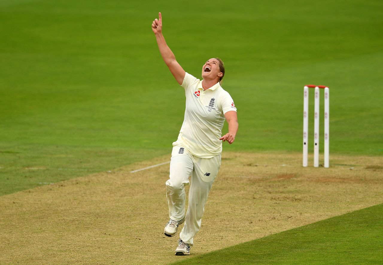 Katherine Brunt celebrates her breakthrough, England v Australia, only women's Test, Taunton, 1st day, July 18, 2019