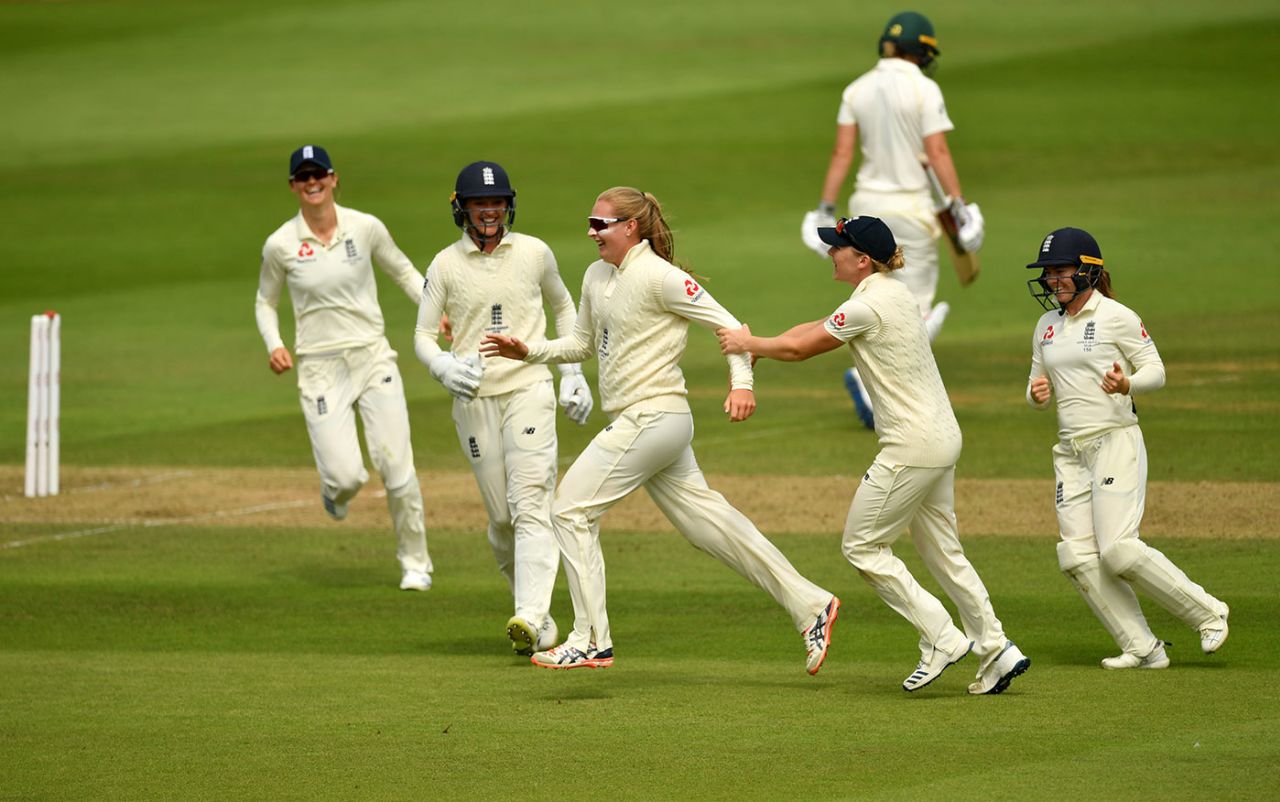 Sophie Ecclestone celebrates the wicket of Meg Lanning, England v Australia, only women's Test, Taunton, 1st day, July 18, 2019