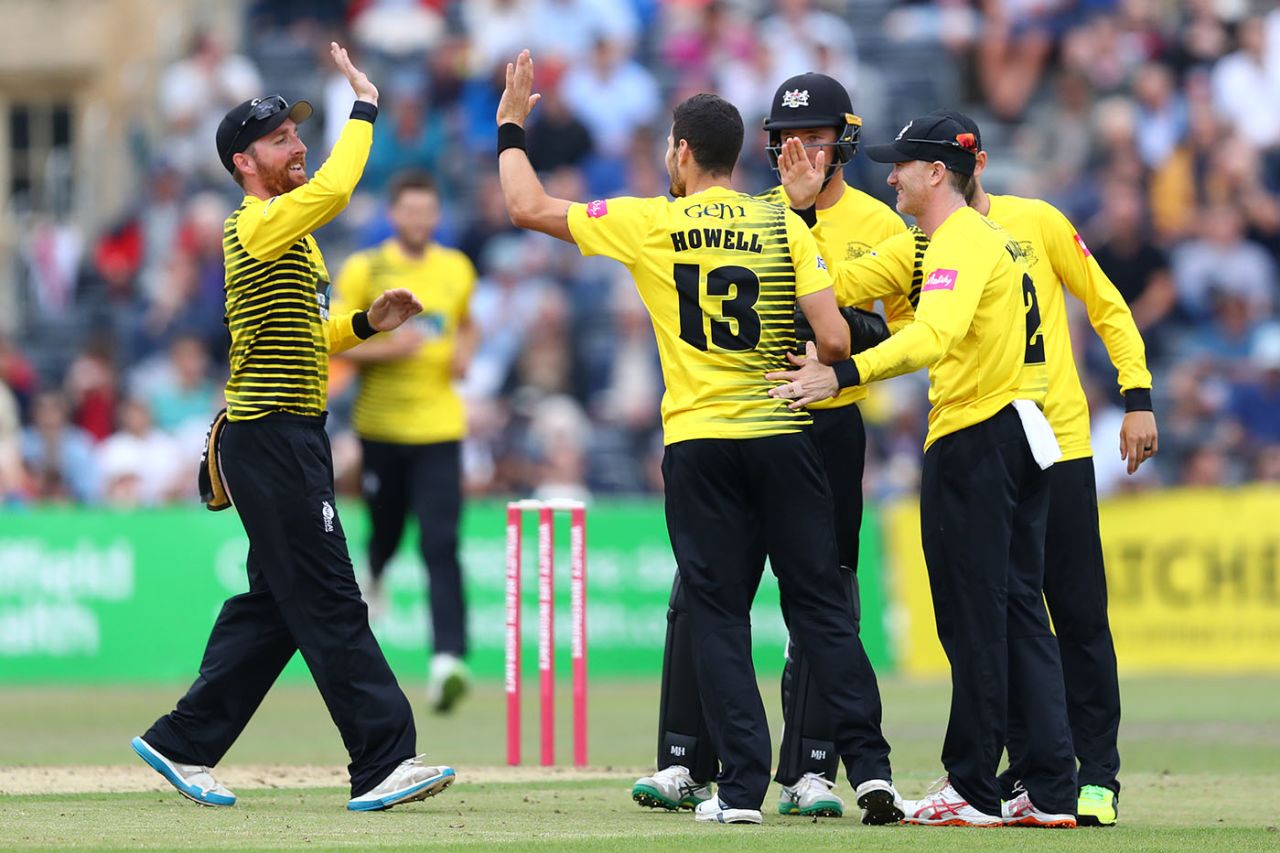 Benny Howell and his team-mates celebrate another wicket, Gloucestershire v Glamorgan, Vitality Blast, July 19, 2019