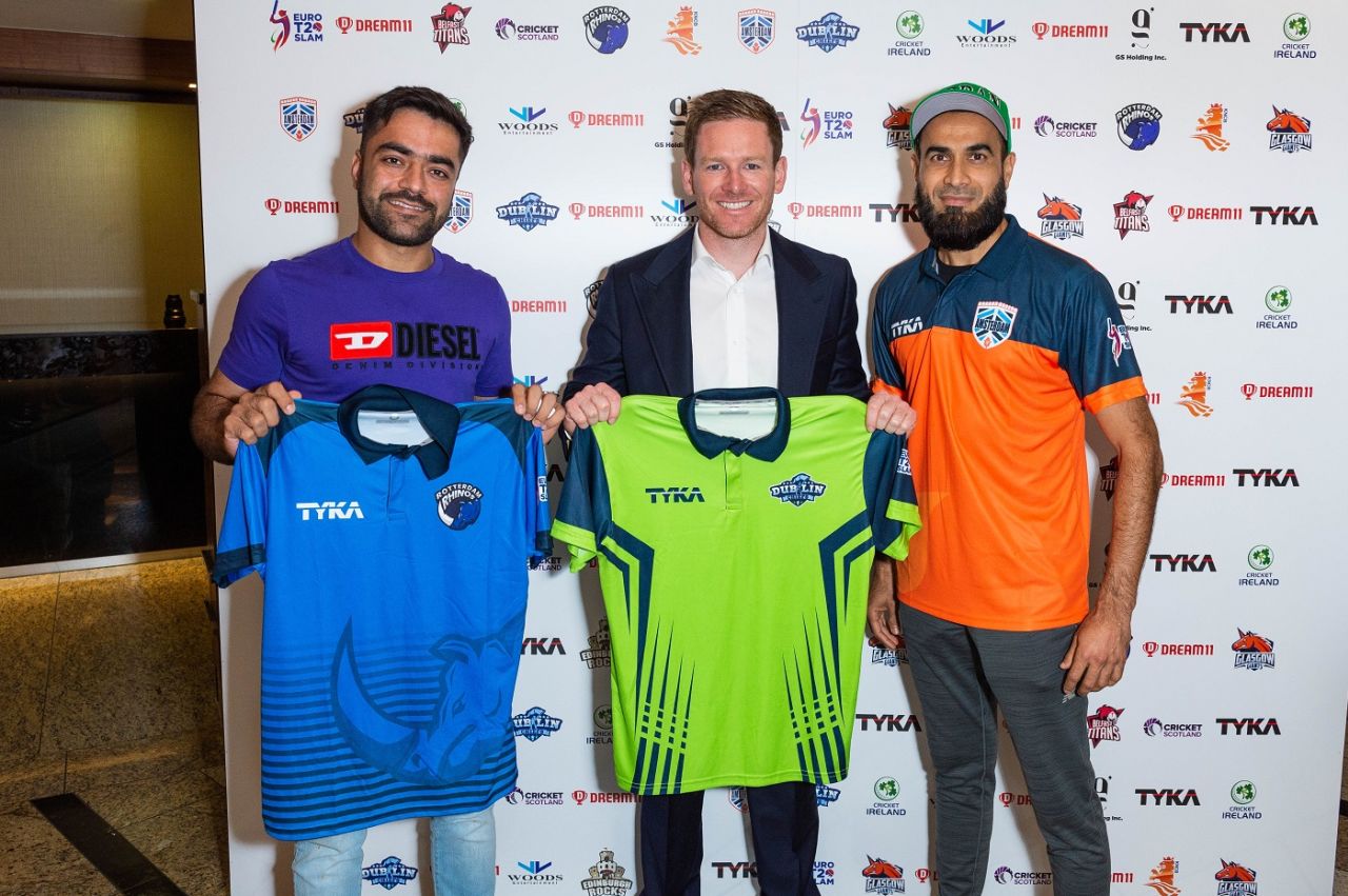 Rashid Khan, Eoin Morgan and Imran Tahir pose after the Euro T20 Slam draft, July 19, 2019