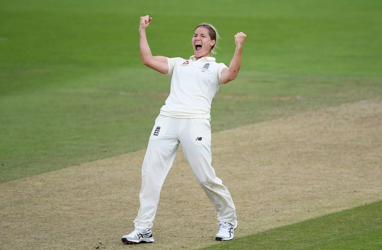 Katherine Brunt celebrates a breakthrough, England v Australia, Women's Ashes, only Test, 3rd day, July 20, 2019