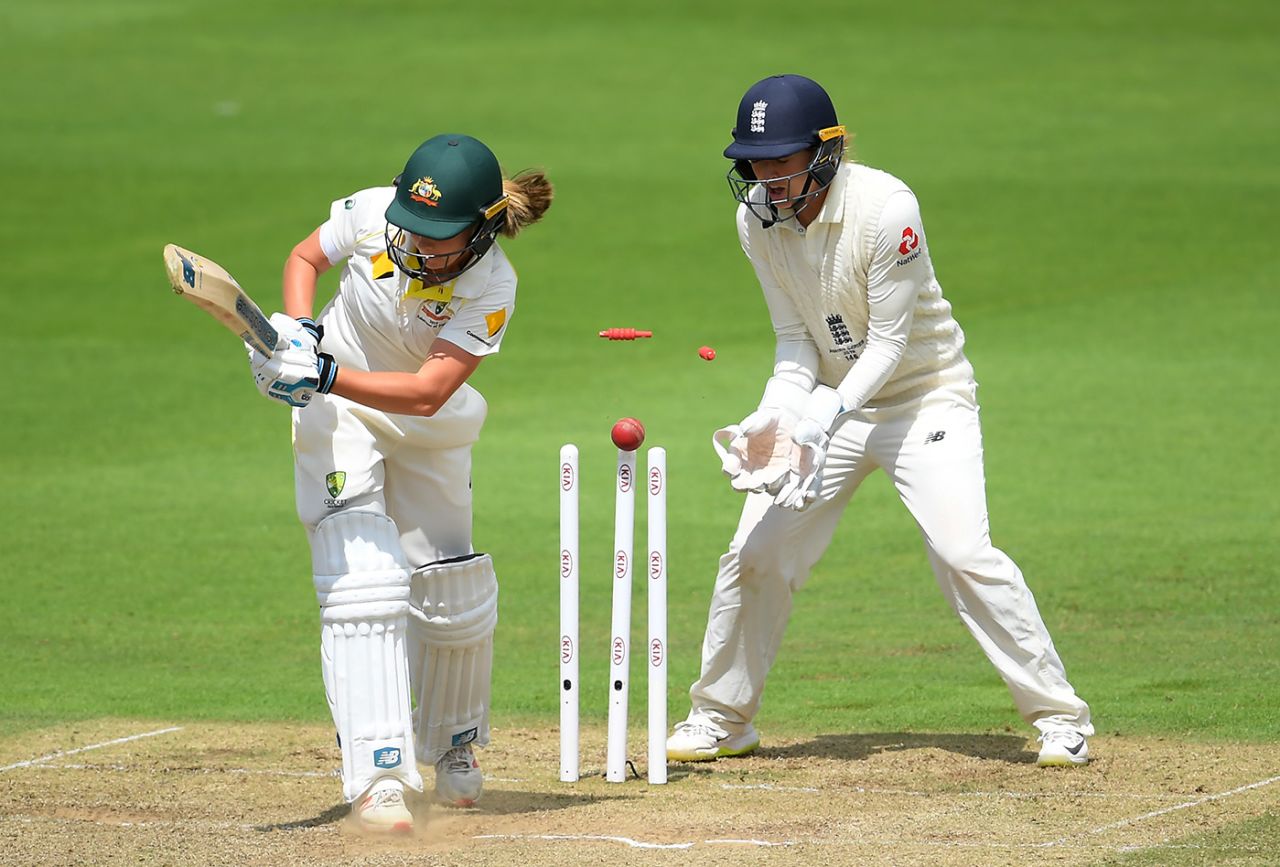 Sophie Molineux was bowled playing across the line, England v Australia, Women's Ashes, only Test, 3rd day, July 20, 2019