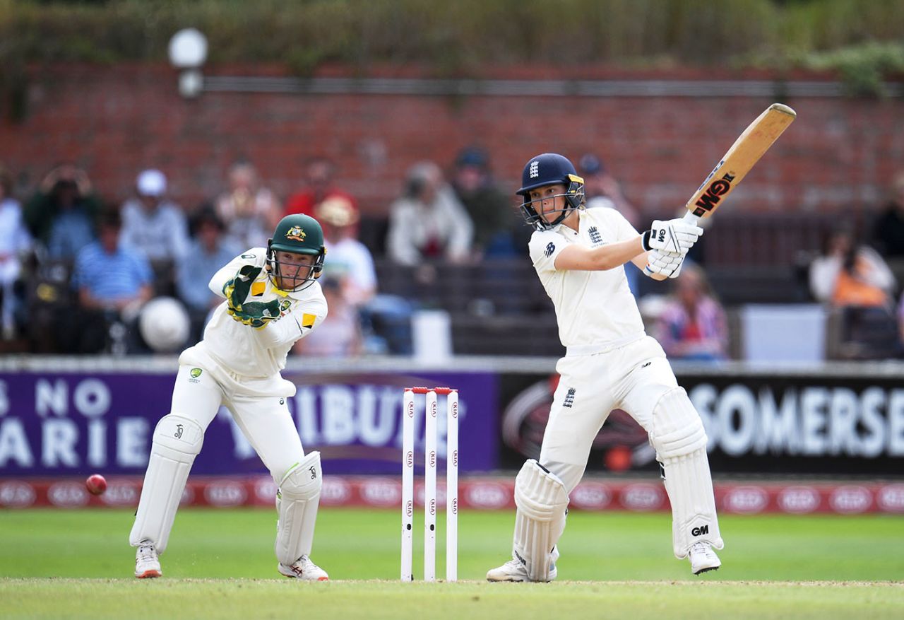 Amy Jones plays a shot as Alyssa Healy looks on, England v Australia, only Test, Women's Ashes, Day 3, July 20, 2019