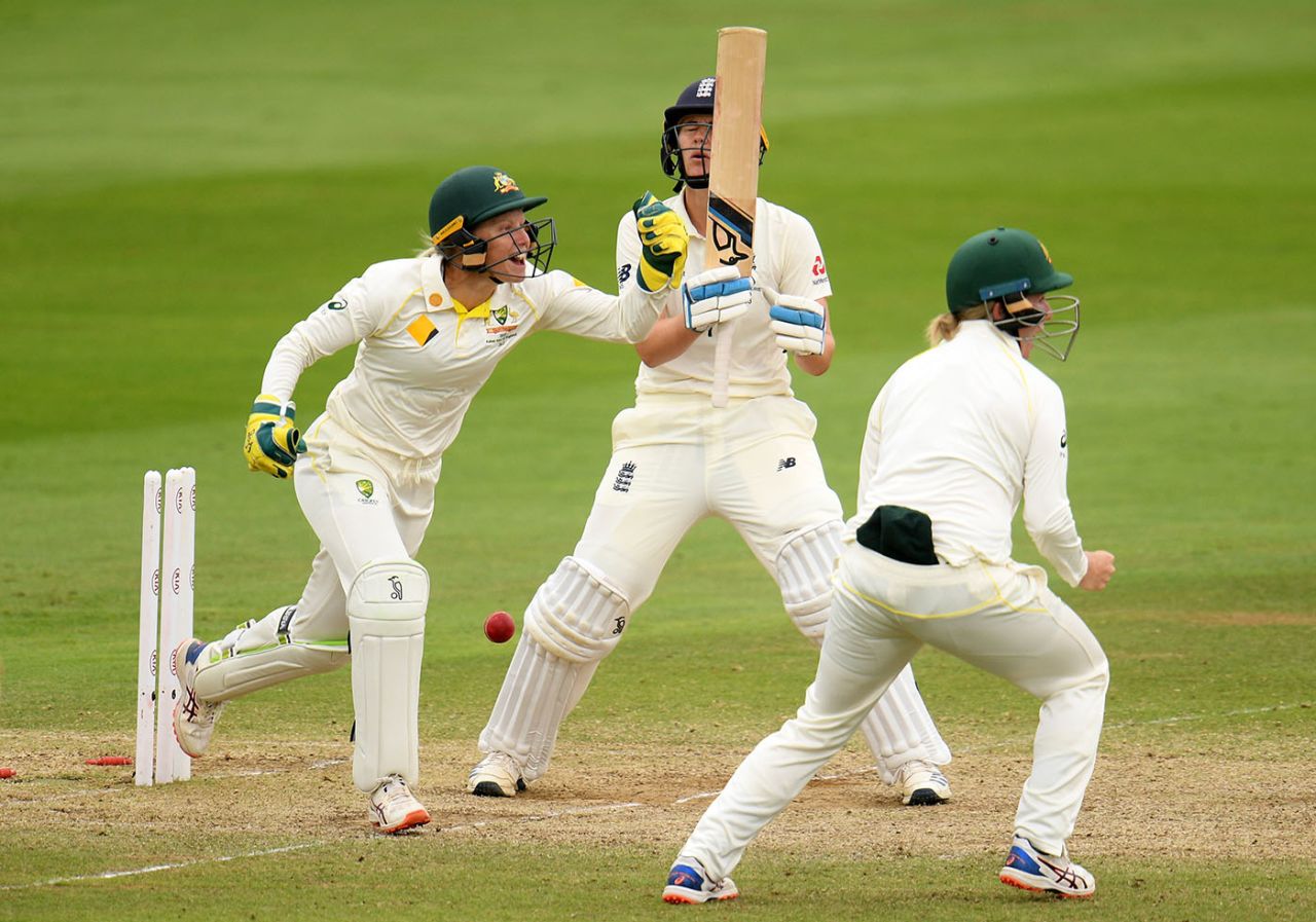 Nat Sciver reacts as she is bowled and Alyssa Healy celebrates, England v Australia, only Test, Women's Ashes, Day 4, July 21, 2019