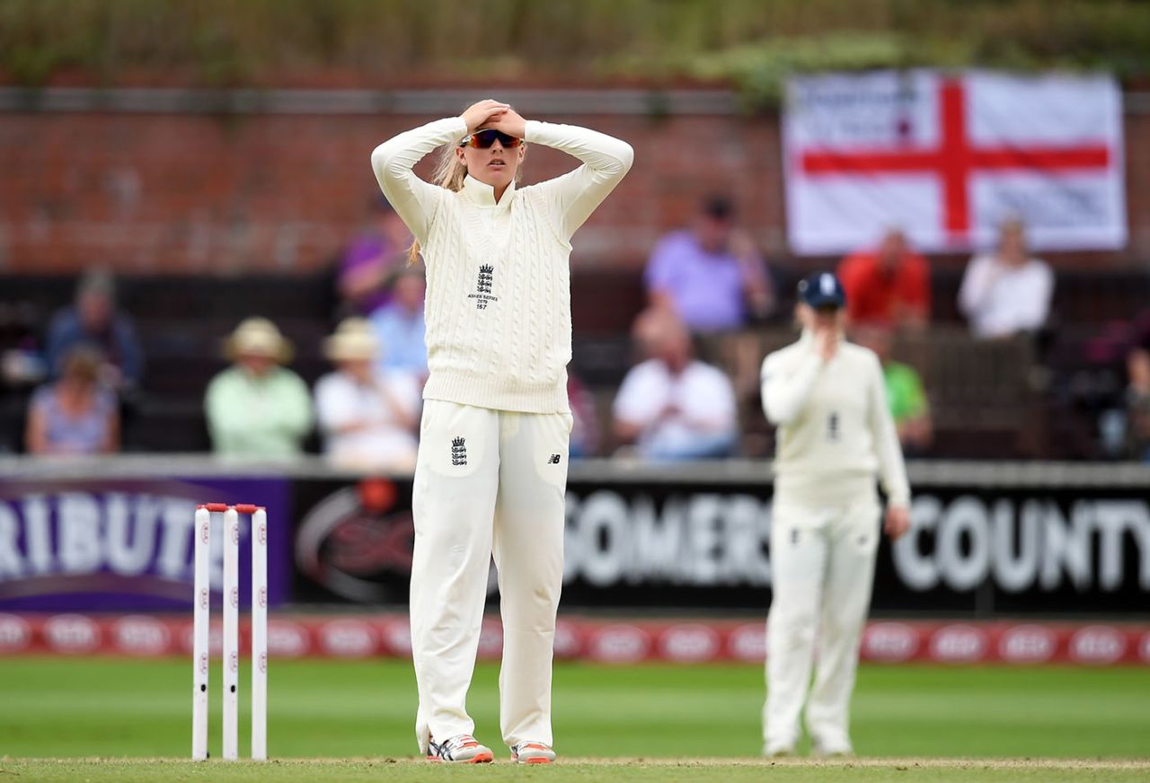 Sophie Ecclestone reacts to a missed chance, England v Australia, only Test, Women's Ashes, Day 4, July 21, 2019