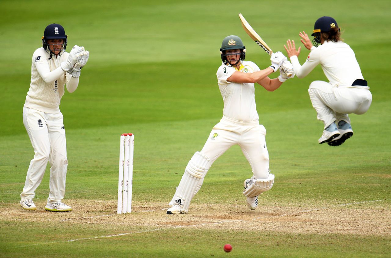 Amy Jones takes evasive action as Ellyse Perry drives, England v Australia, only Test, Women's Ashes, Day 4, July 21, 2019