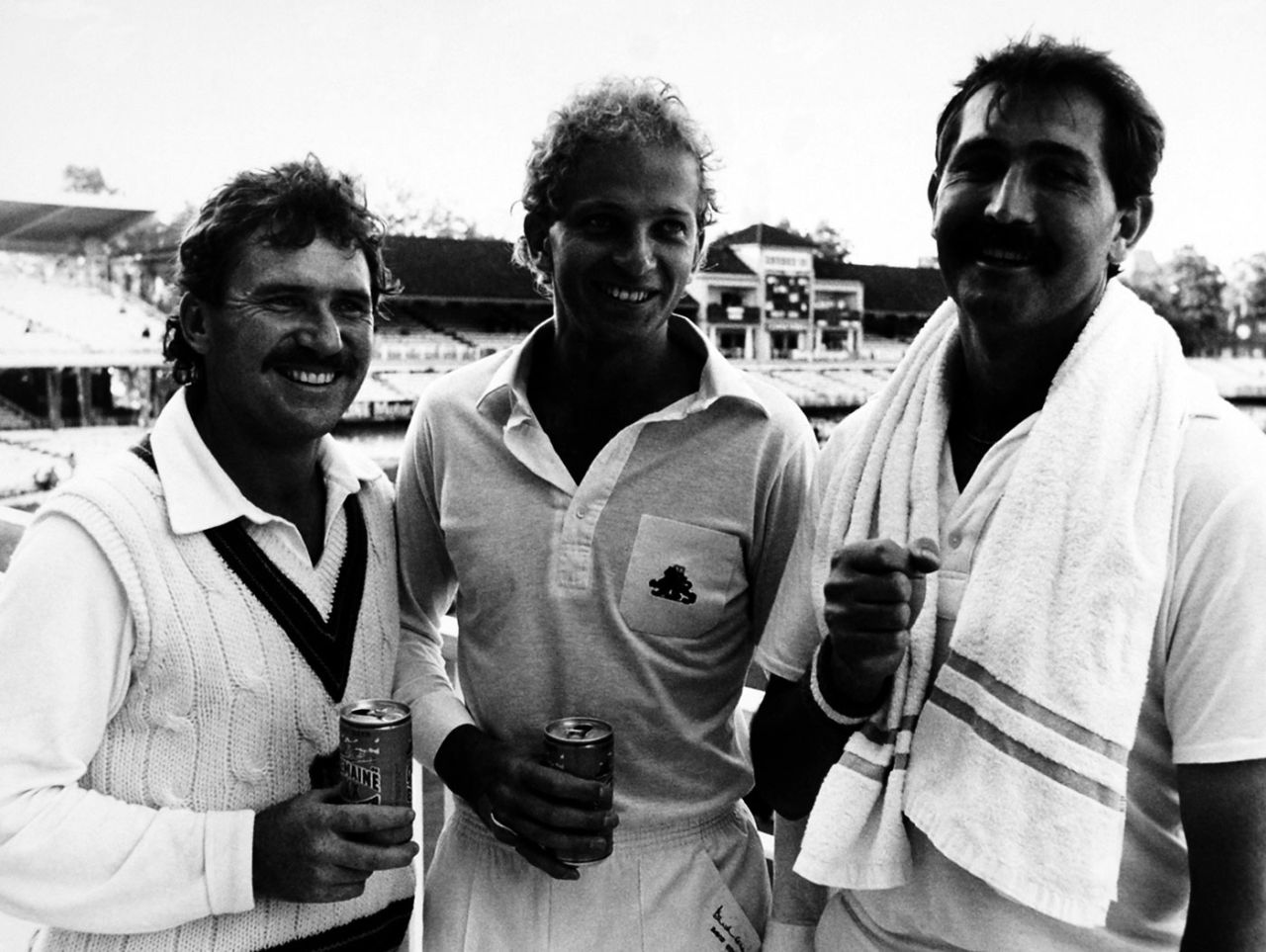 Allan Border, David Gower and Graham Gooch relax with drinks at the end of the game, England v Australia, 3rd ODI, Lord's, June 3, 1985