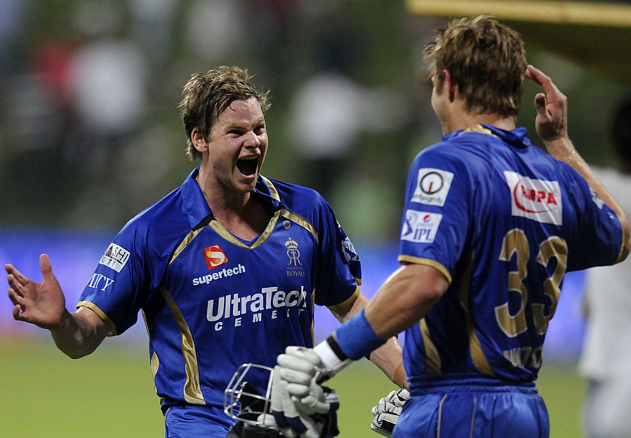 Steve Smith and Shane Watson celebrate Rajasthan Royals' dramatic Super Over heroics, Kolkata Knight Riders v Rajasthan Royals, IPL, Abu Dhabi, April 29, 2014