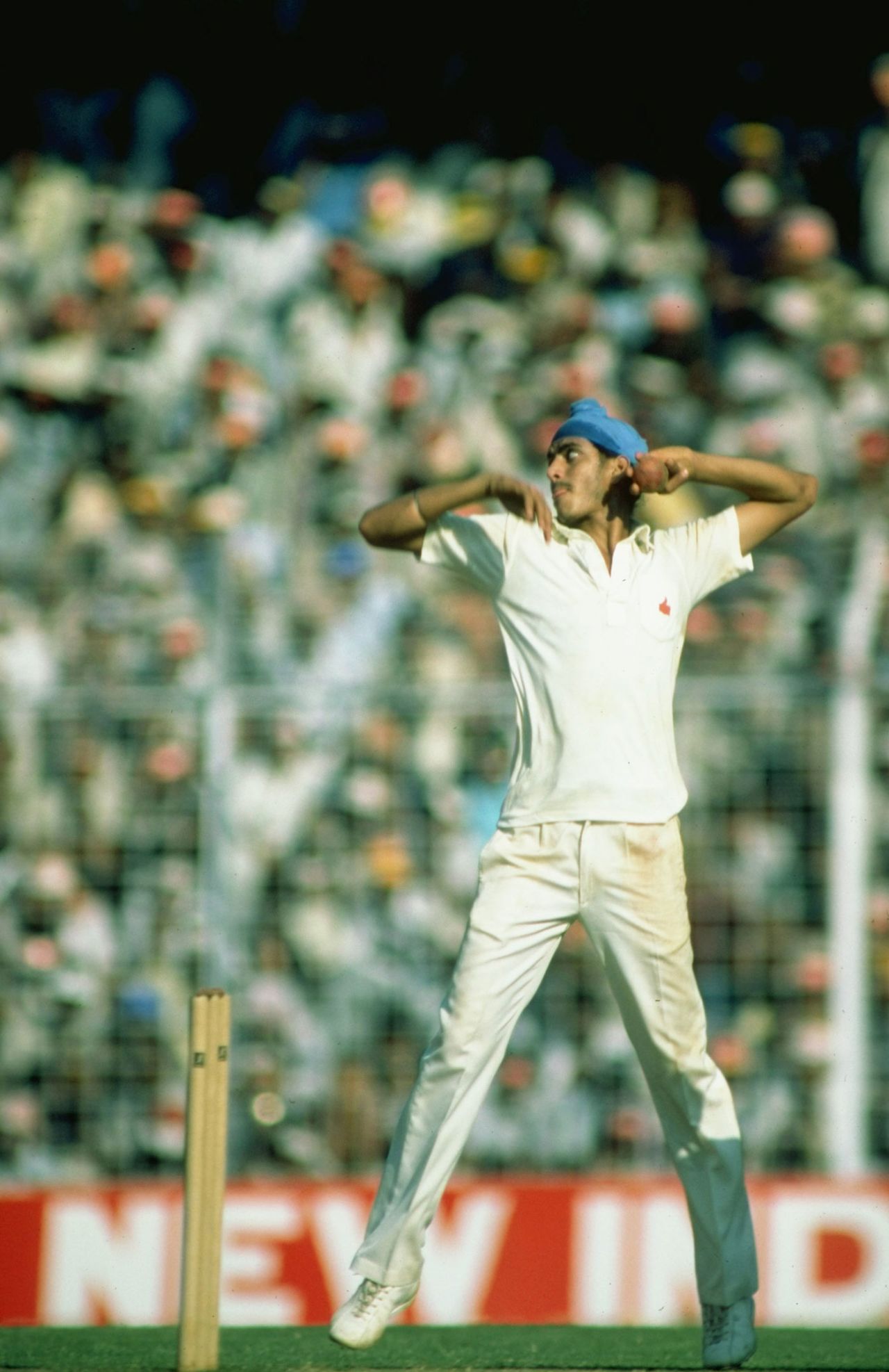 Maninder Singh bowls, India v West Indies, December 1983
