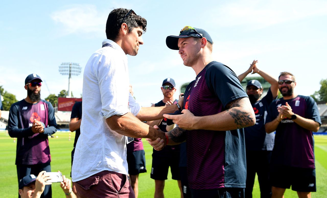 Jason Roy receives his Test cap from Sir Alastair Cook, England v Ireland, Only Test, Day 1, July 24, 2019