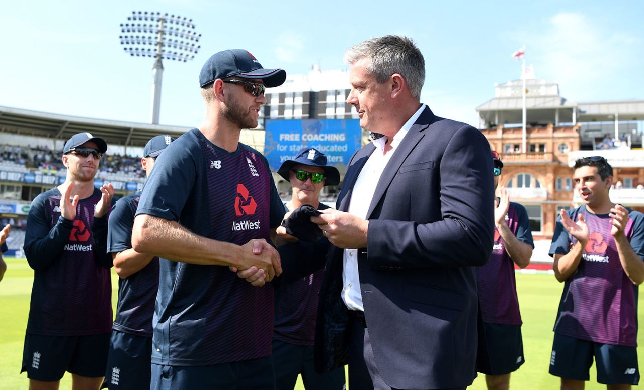 Ashley Giles presents Olly Stone with his Test cap, England v Ireland, Only Test, Day 1, July 24, 2019
