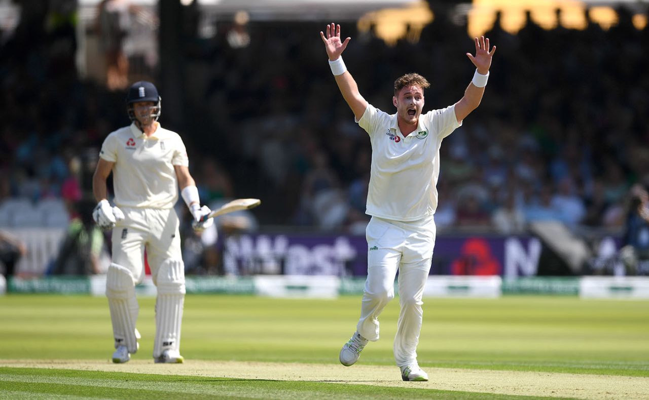 Mark Adair appeals for the wicket of Joe Denly, England v Ireland, Only Test, Day 1, July 24, 2019
