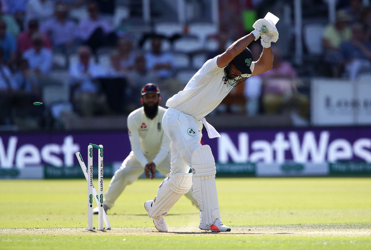 Stuart Thompson was bowled shouldering arms, England v Ireland, Only Test, Day 1, July 24, 2019
