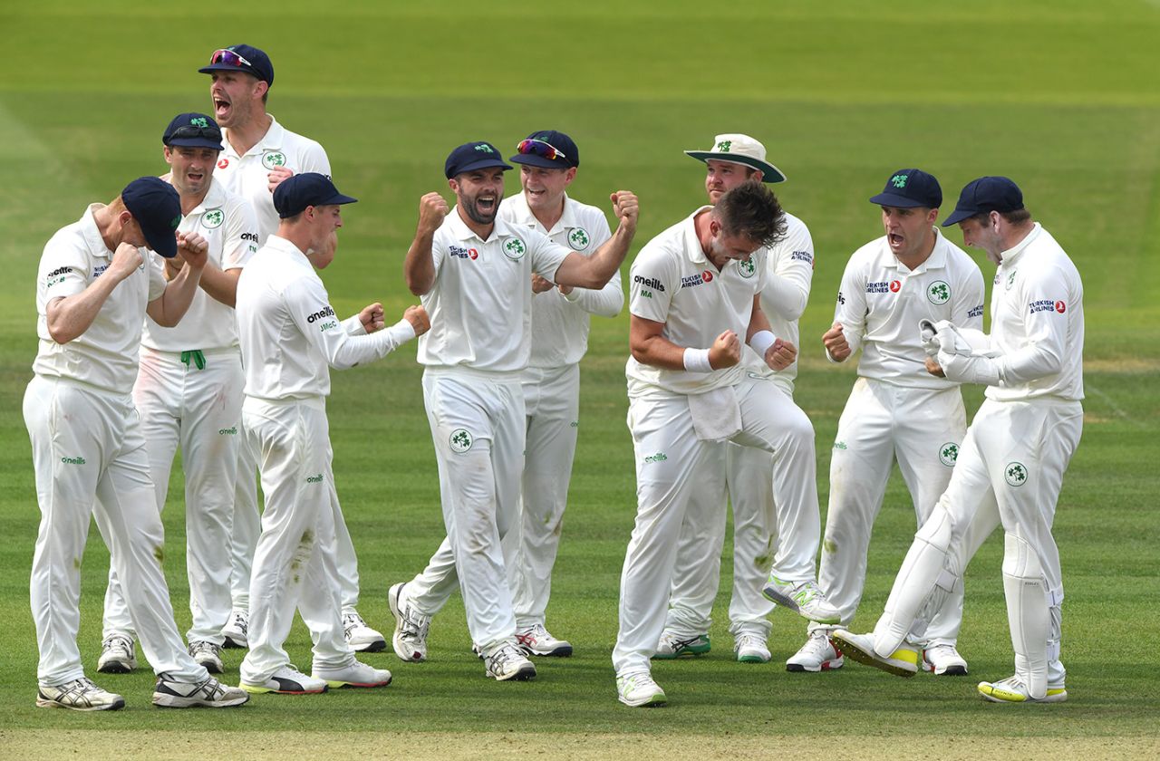 Mark Adair celebrates confirmation of a dismissal via DRS, England v Ireland, Only Test, 2nd day, July 25, 2019