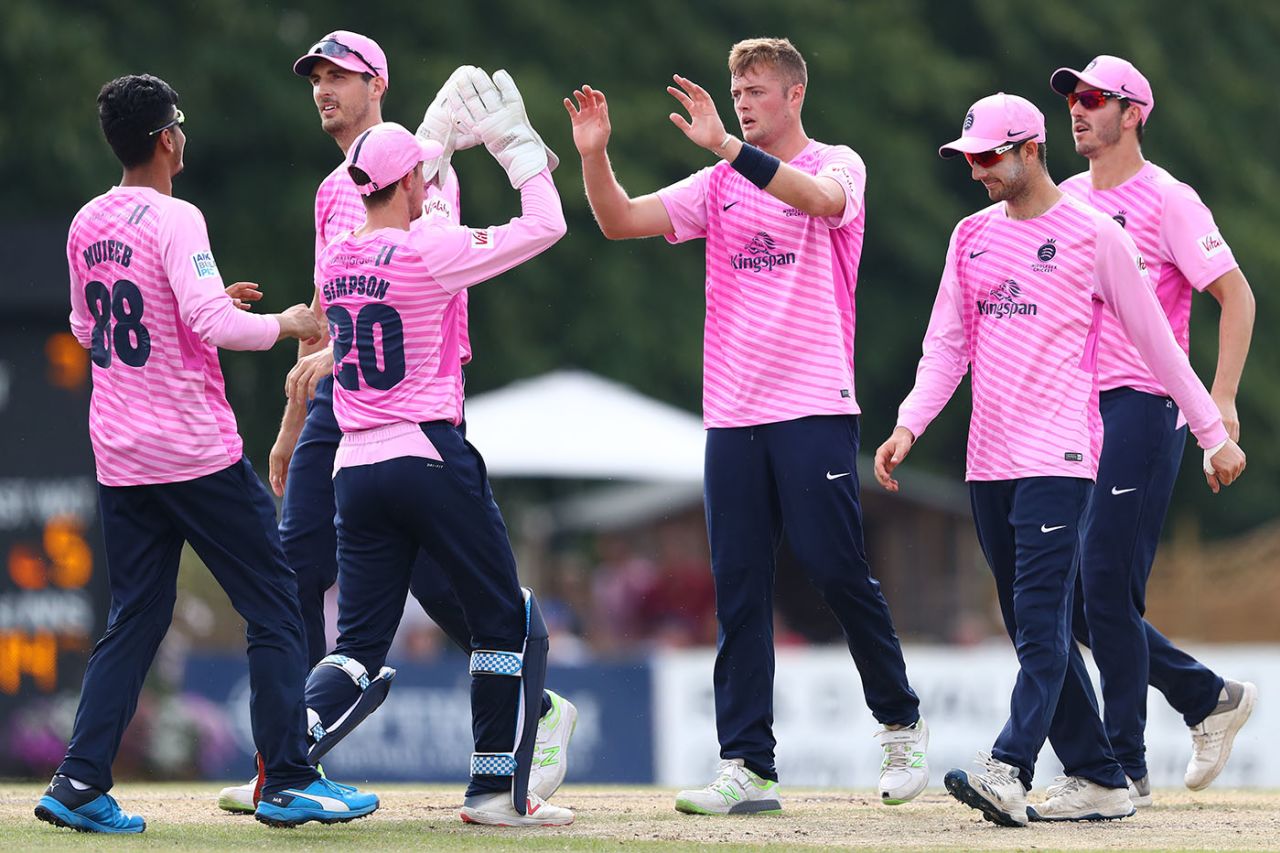 Tom Helm celebrates a wicket, Gloucestershire v Middlesex, Vitality Blast, July 25, 2019
