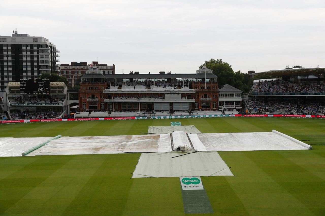 The Lord's pitch is under covers after rain halted play early on the third day, England v Ireland, only Test, Lord's, 3rd day, July 26, 2019
