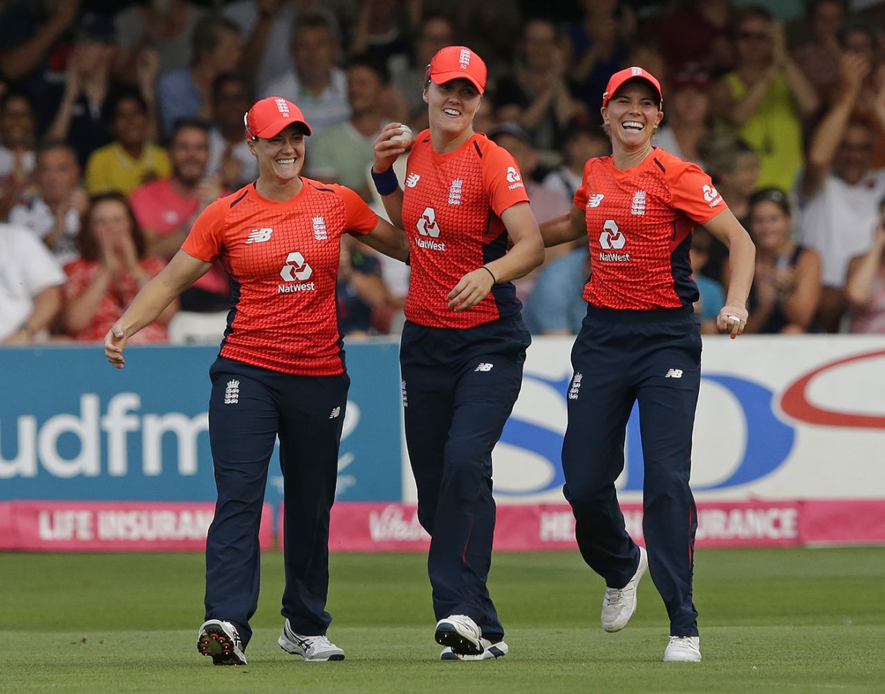 Nat Sciver celebrates after taking an acrobatic catch, England v Australia, 1st women's T20I, Chelmsford, July 26, 2019