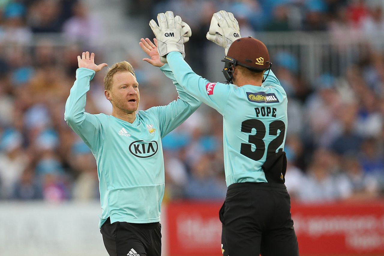 Gareth Batty gets a high five from Ollie Pope, Sussex v Surrey, Vitality Blast, South Group, Hove, July 26, 2019