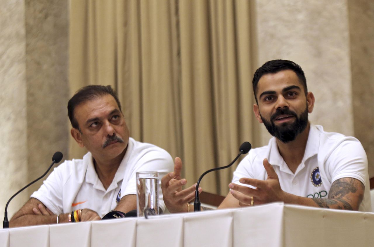 Ravi Shastri and Virat Kohli address a press conference ahead of India's departure to the West Indies,  Mumbai, July 29, 2019