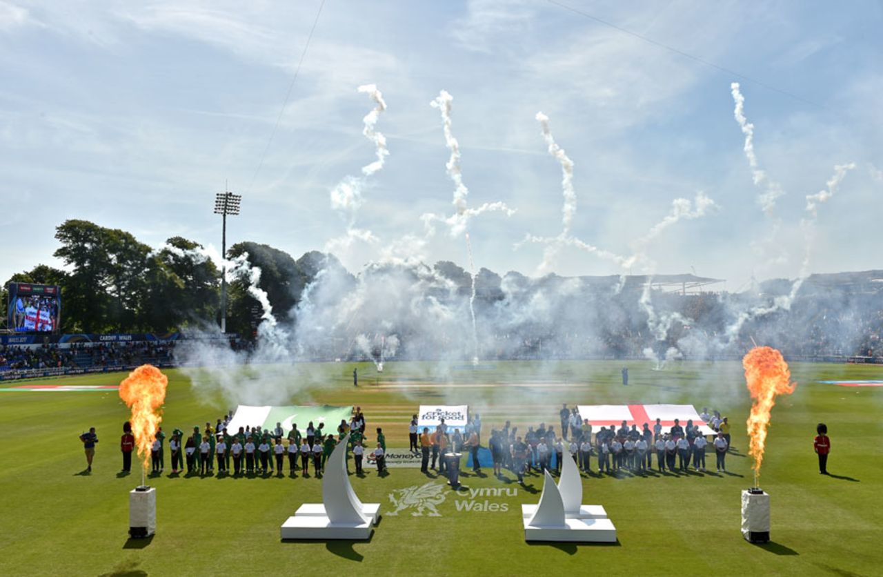 Fireworks and flamethrowers at Cardiff, England v Pakistan, Champions Trophy, 1st semi-final, Cardiff, June 14, 2017