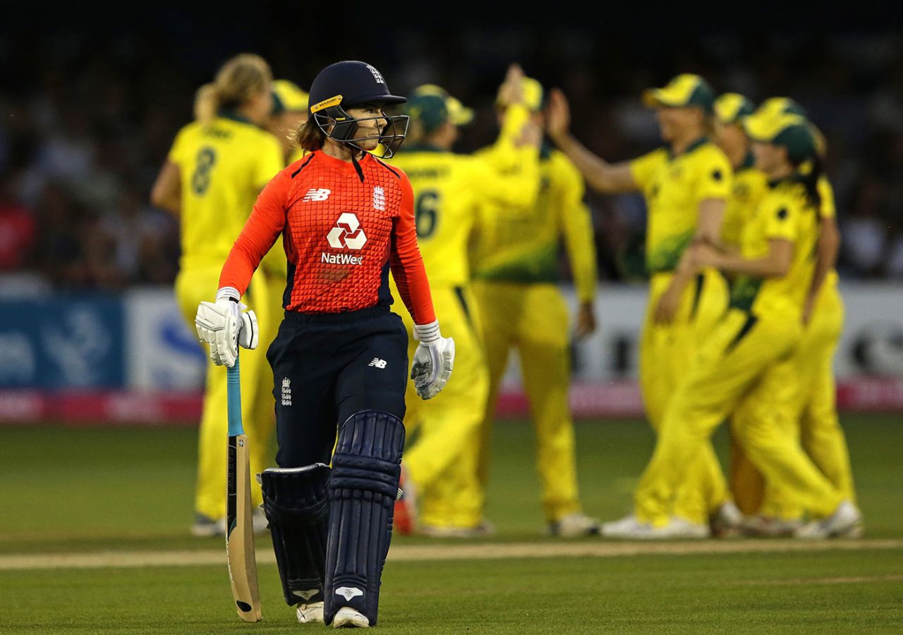 Tammy Beaumont trudges off after being dismissed, England v Australia, 1st women's T20I, Chelmsford, July 26, 2019