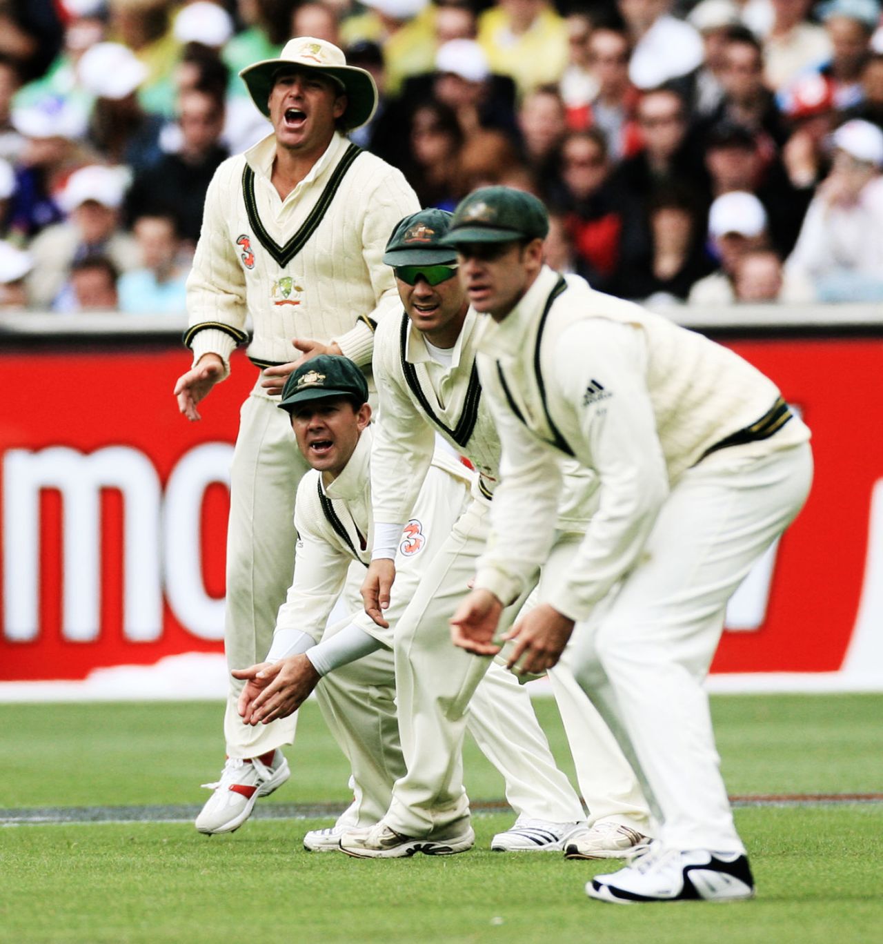 The floppy among the baggy greens: Shane Warne sports a lone hat in the Australian slips, to give Warne a five-wicket haul in his final MCG Test, Australia v England, 4th Test, Melbourne, December 26, 2006
