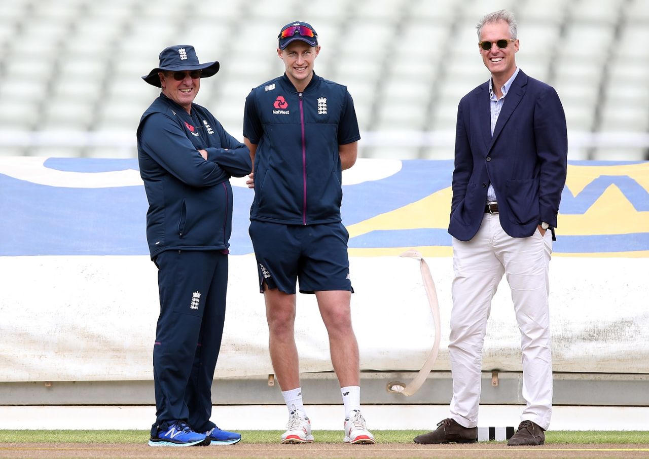 England coach Trevor Bayliss, captain Joe Root and ECB national selector, Ed Smith watch the side train on the eve of the Ashes, Edgbaston, July 31, 2019
