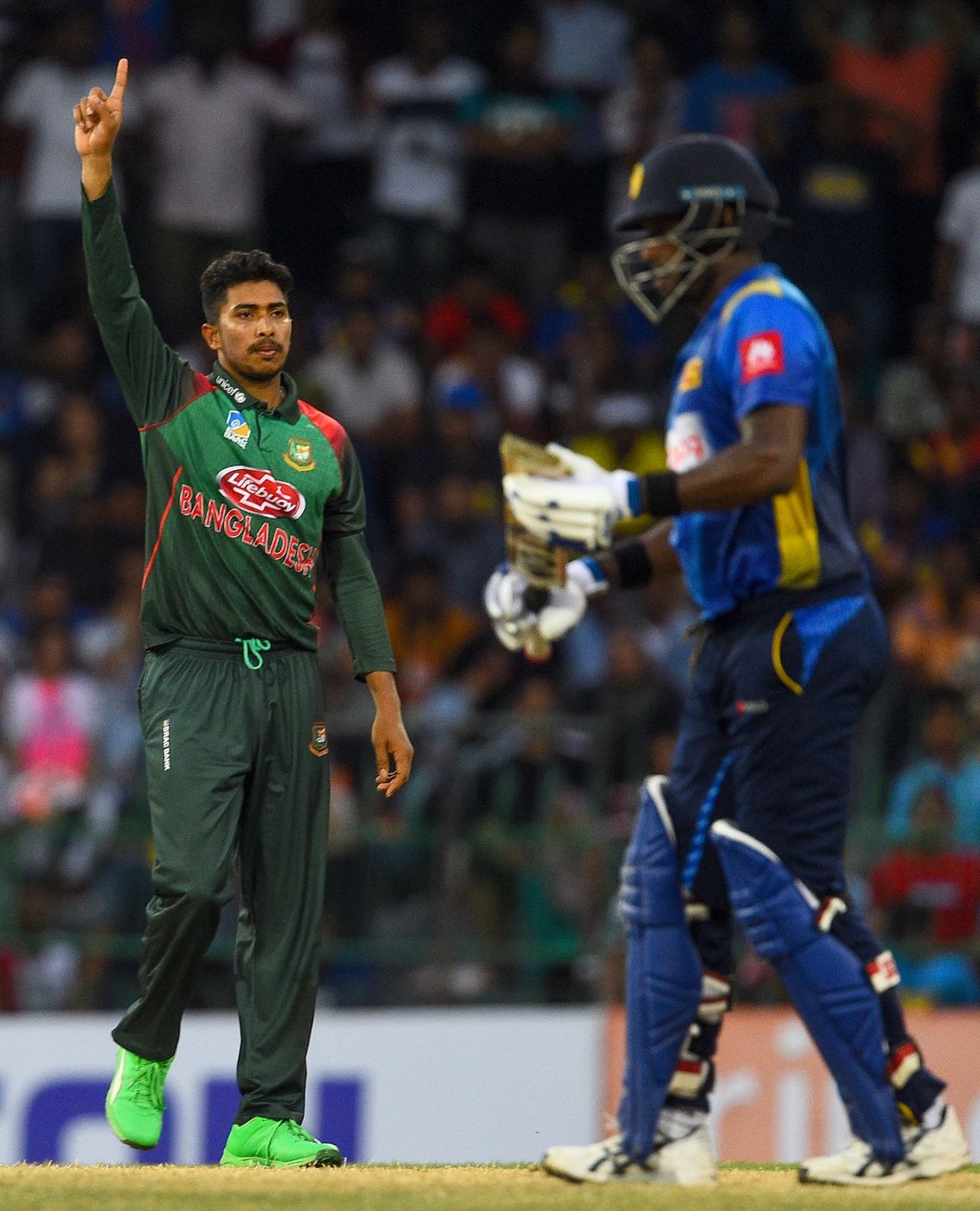 Soumya Sarkar celebrates one of his three wickets, Sri Lanka v Bangladesh, 3rd ODI, Colombo, July 31, 2019
