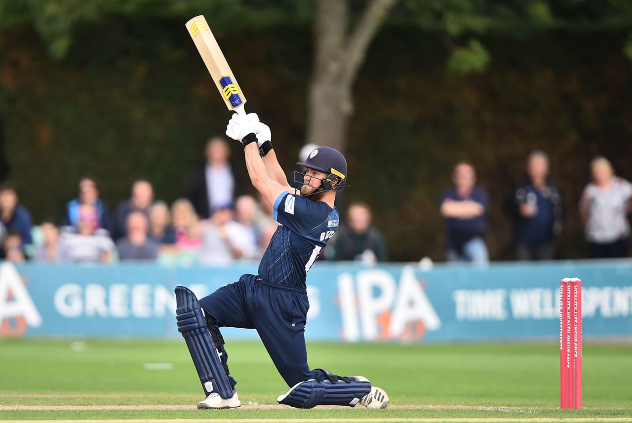 Luis Reece launches one towards long-on, Worcestershire v Derbyshire, Vitality Blast, July 31, 2019