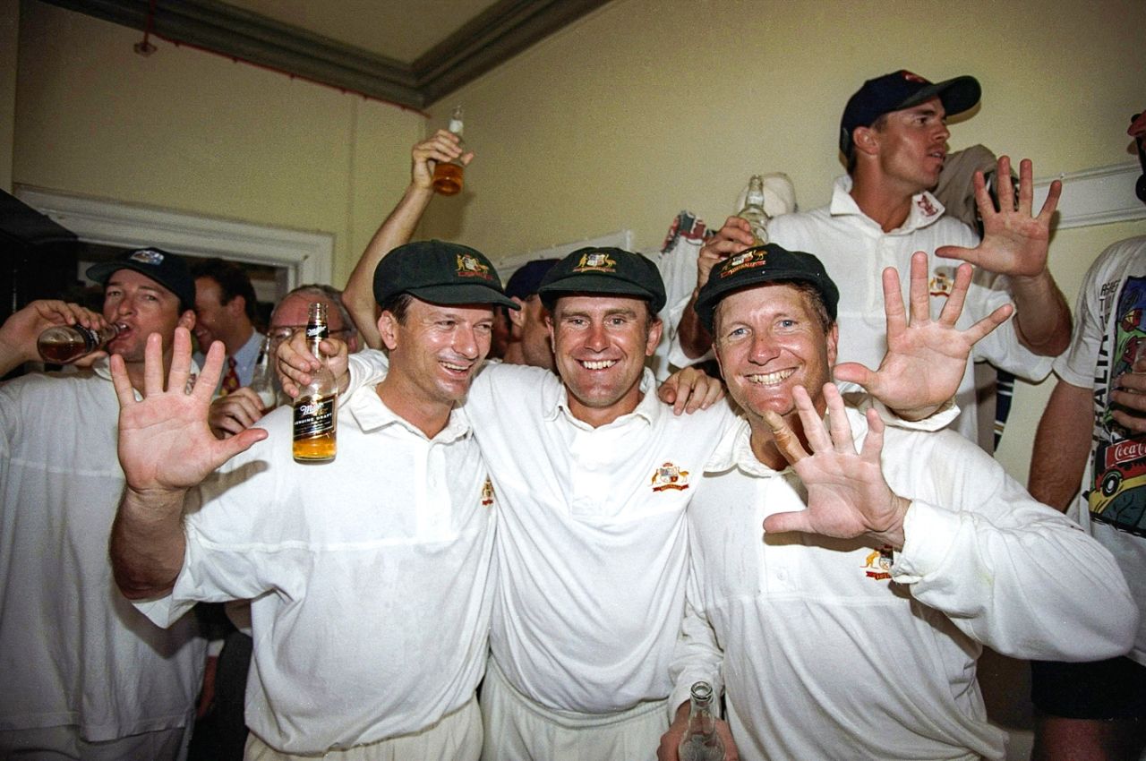 Mark Taylor (centre) celebrates Australia's 1997 Ashes triumph with Steve Waugh (left) and Ian Healy (right), England v Australia, fifth Test, Trent Bridge, 10 August 1997