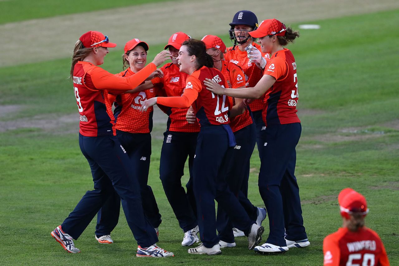 Mady Villiers celebrates the wicket of Alyssa Healy , England v Australia, 3rd T20I, Bristol, July 31, 2019 