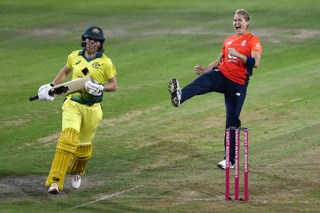 Katherine Brunt of England celebrates after taking the wicket of Georgia Wareham  England v Australia, 3rd T20I, Bristol, July 31, 2019 