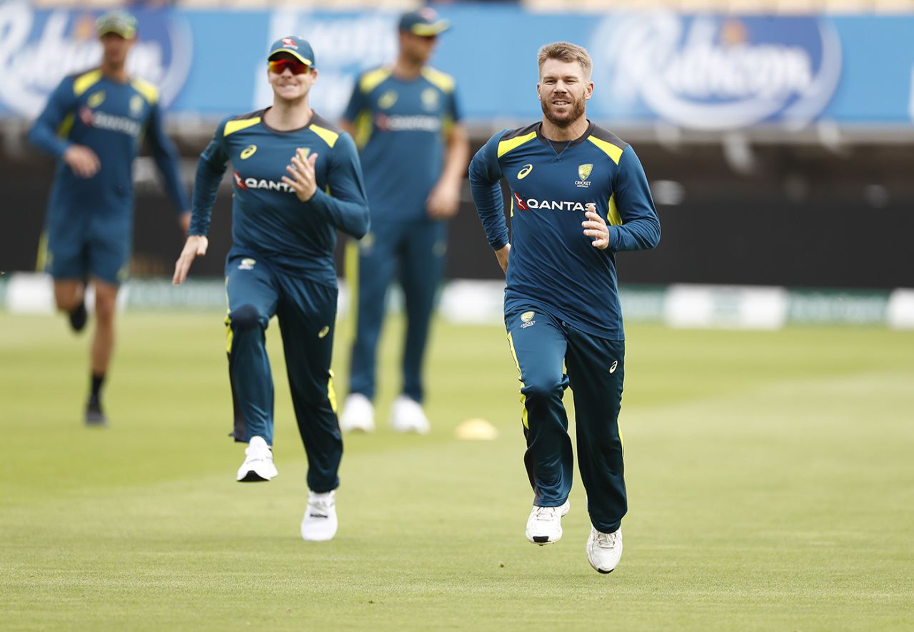 Steven Smith and David Warner warm up before play, England v Australia, 1st Ashes Test, Edgbaston, 1st day, August 1, 2019