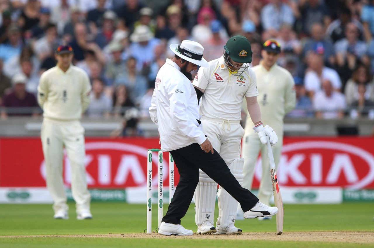 Umpire Aleem Dar has a word with David Warner on the batsman's stance outside the crease, England v Australia, 1st Ashes Test, Edgbaston, 1st day, August 1, 2019