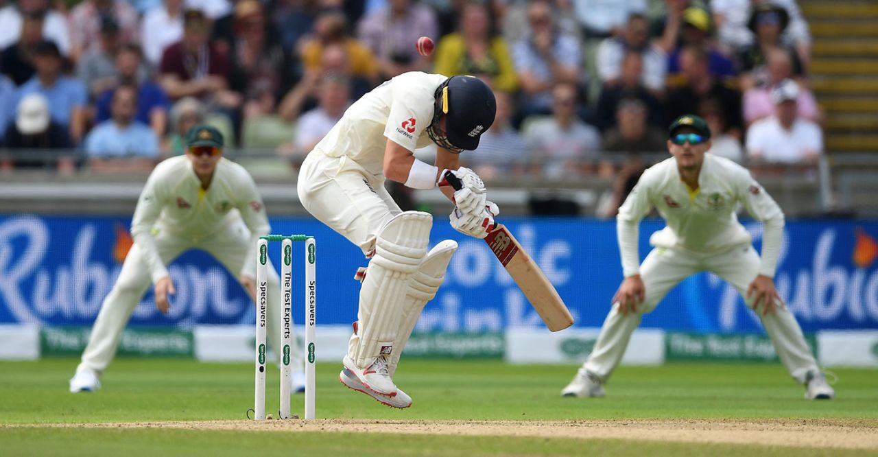 Rory Burns ducks as a sharp bouncer flicks his helmet, England v Australia, 1st Ashes Test, Edgbaston, 2nd day, August 2, 2019