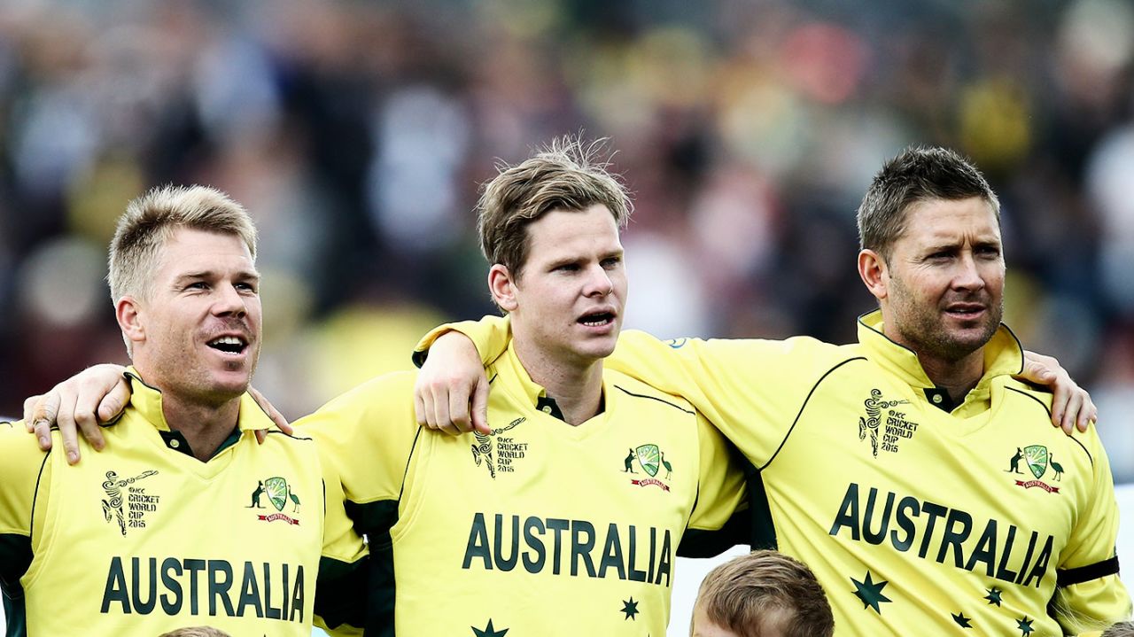 David Warner, Steven Smith and Michael Clarke stand for the national anthems, Australia v Scotland, World Cup 2015, Group A, Hobart, March 14, 2015