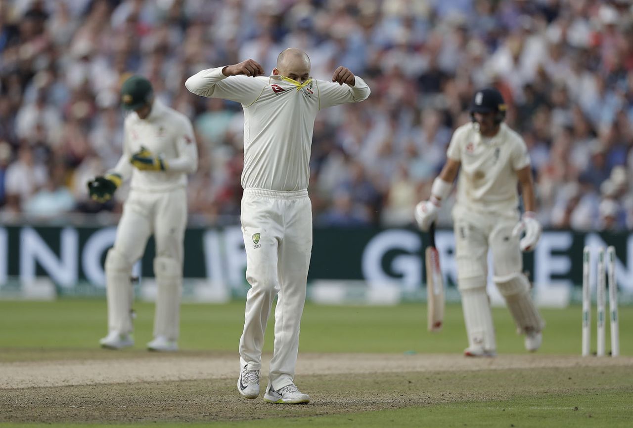 Nathan Lyon reacts after a loose delivery, England v Australia, 1st Ashes Test, Edgbaston, 2nd day, August 2, 2019