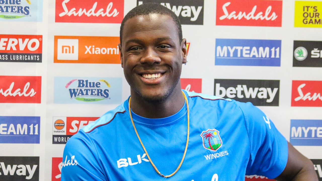 Carlos Brathwaite flashes a smile at a pre-match press conference, Lauderhill, August 2, 2019