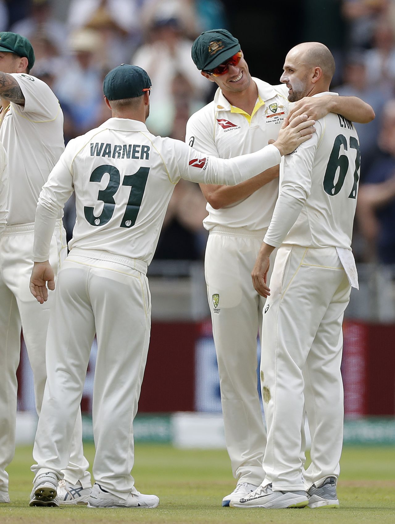 Nathan Lyon is congratulated by his team-mates, England v Australia, 1st Ashes Test, Edgbaston, 3rd day, August 3, 2019