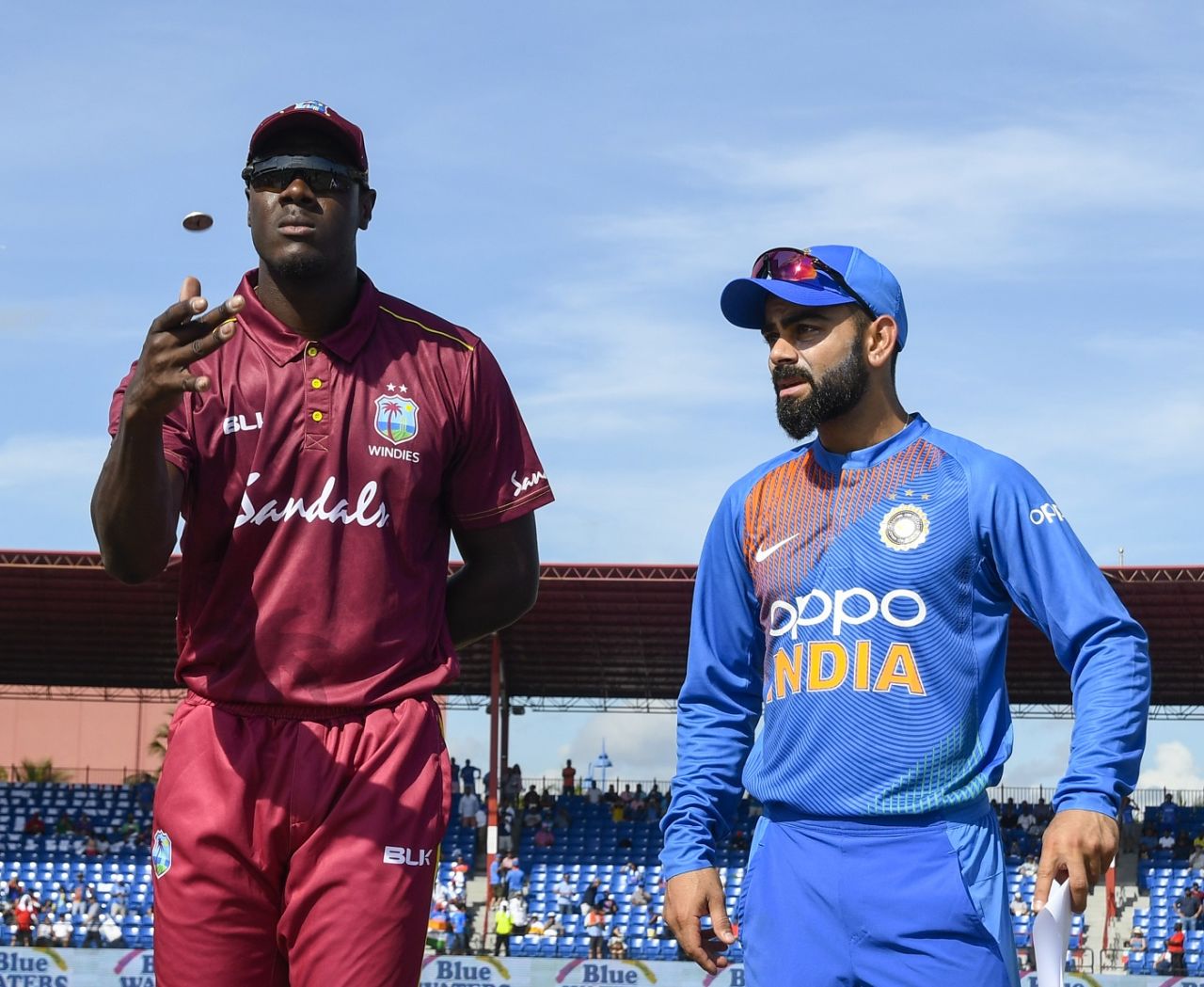 Carlos Brathwaite and Virat Kohli at the toss, West Indies v India, 1st T20I, Lauderhill, August 3, 2019