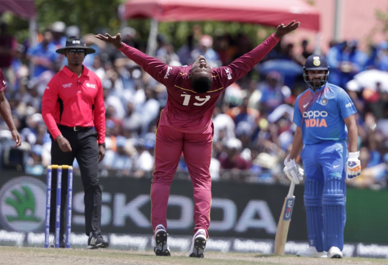 Salute done, Sheldon Cottrell flings his arms out wide, West Indies v India, 1st T20I, Lauderhill, August 3, 2019
