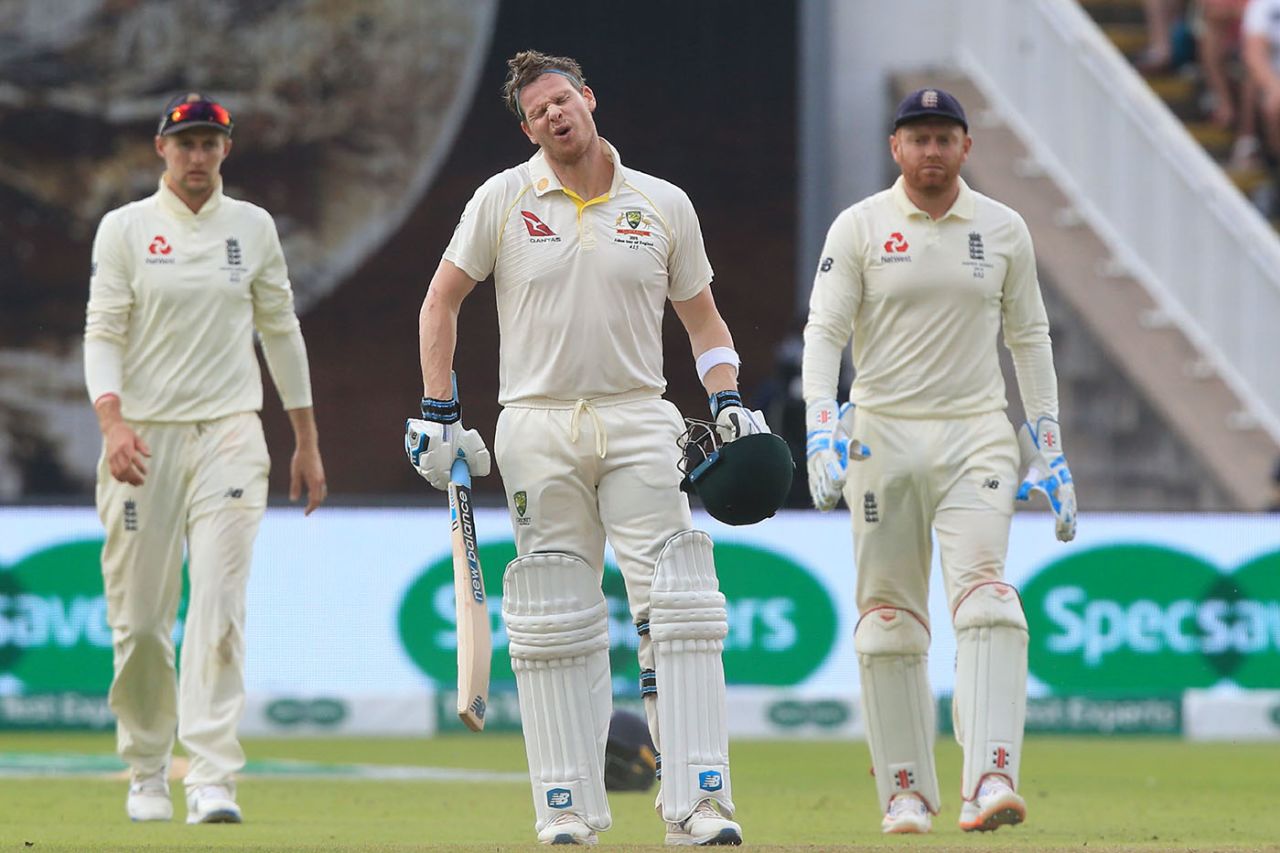 Steve Smith reacts after being struck on the helmet by a Ben Stokes delivery, England v Australia, 1st Ashes Test, Edgbaston, 3rd day, August 3, 2019