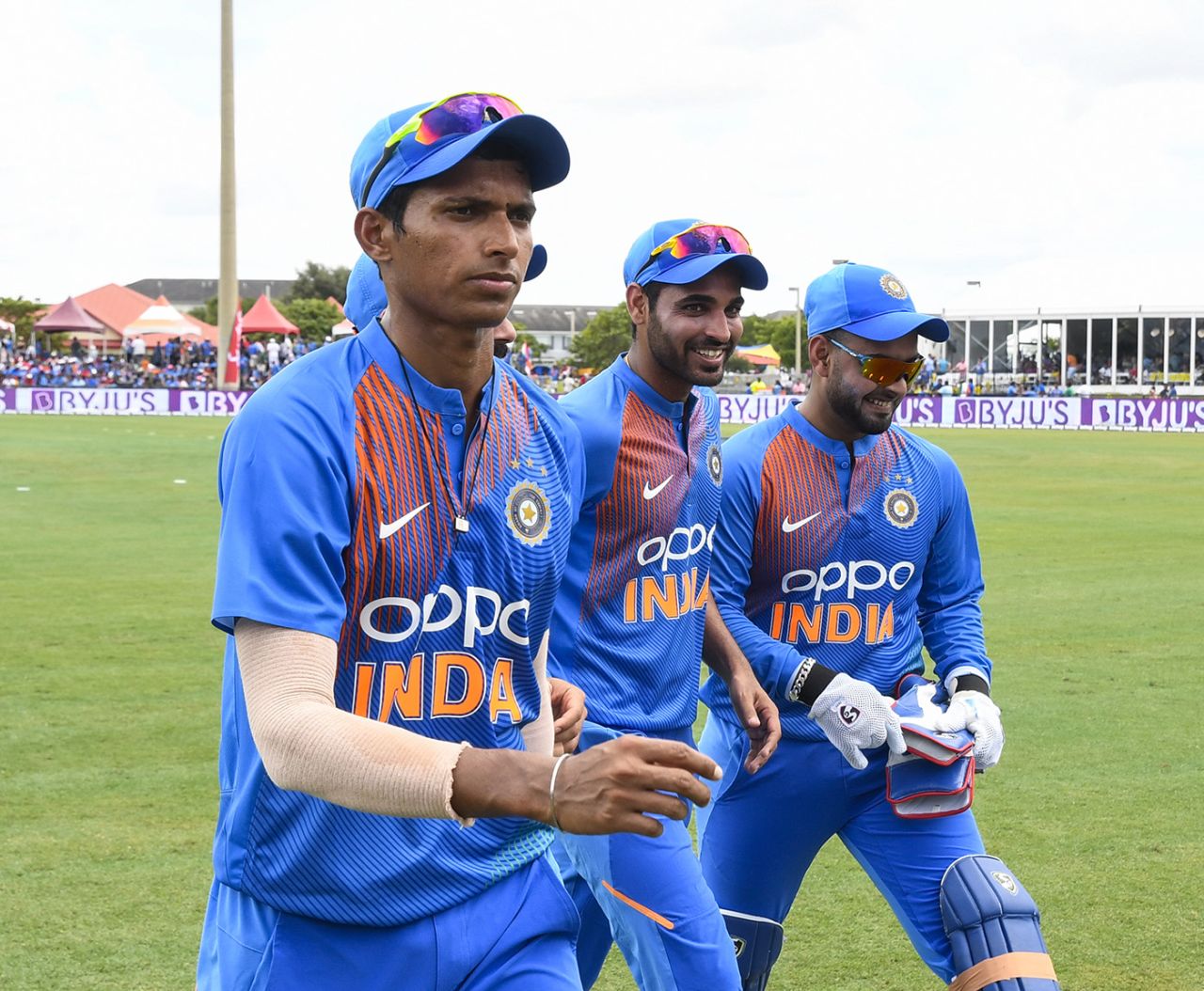 Navdeep Saini, Bhuvneshwar Kumar and Rishabh Pant walk off the field, West Indies v India, 1st T20I, Lauderhill, August 3, 2019